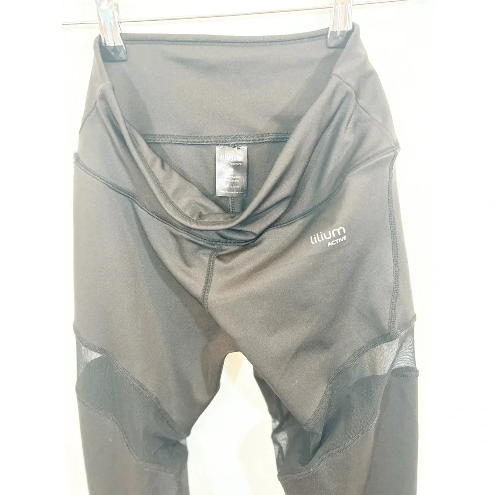 Lillium Active Black Leggings with Mesh Cutout Panels and Wide Waistband Gym